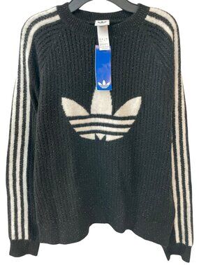 Adidas Lurex Knit Crew Sweater Black  Trefoil Logo Women's Size Large MSRP$85NWT